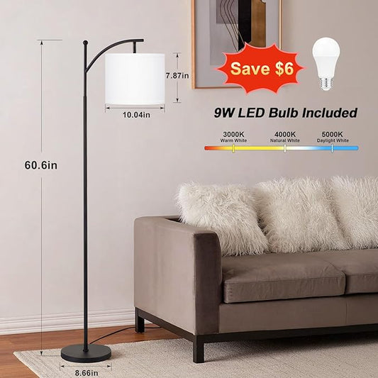 60" Floor Lamp With 3 Color Temperatures, Adjustable White Shade, Black Pole - Tall Lamp for Living Room, Bedroom, Office, Classroom, Dorm - 9W Bulb Included