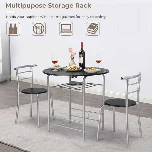 VINGLI 31.5" Drop Leaf Dining Table Set 3 Pieces for Small Space,Small Kitchen Table Set for 2,Round Folding Dining Table with 2 Chairs for Home,Kitchen,Apartment,Silver&Black