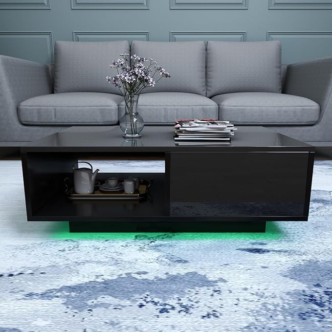 COSVALVE 43.3IN LED Black Coffee Tables for Living Room with 16 Colors LED Lights Modern Coffee Table with Storage Drawer Rectangle Center Table for Home Furniture