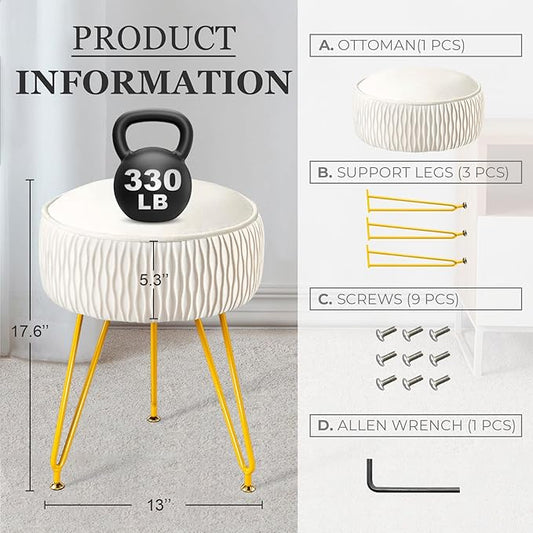 Velvet Vanity Stool Footrests, Round Ottoman Vanity Chairs with Anti-Slip Feet, Dressing Table Seat Foot Stool with Black Legs, Furry Padded Seat Side Table for Makeup Bedroom(White, Golden)