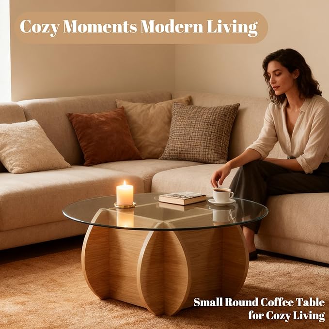 Honyee Round Glass Coffee Table, 30.7" Small Coffee Table with Tempered Glass Top and Wood Grain Base, Modern Circle Coffee Table for Living Room, Easy Assembly, Natural
