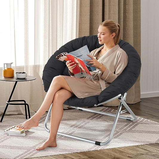 Athena Collection Comfy Saucer Chair, Folding Oversized Cozy Chair for Bedroom Living Room Fabric Reading Chair, Foldable Metal Frame Round Lazy Chair Moon Chair for Adult Set of 2, Black