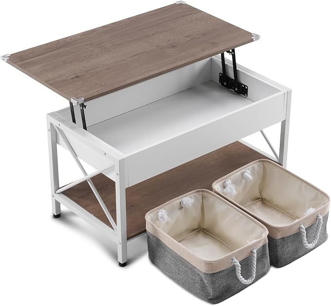 VINGLI 36" Lift Top Coffee Table with Free Cloth Storage Bins, White Walnut Framhouse Coffee Tables for Living Room, Small Modern Coffee Table for Small Space in Minimalistic Style, Dark Walnut