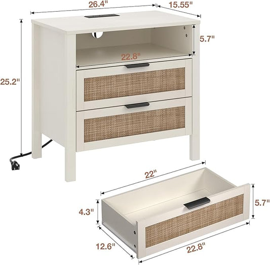 HOMMPA Nightstand with Charging Station, Rattan Night Stand with Drawer, Boho Bedside Table with USB and Type-C Ports, Large Side Table End Table for Bedroom, Living Room, Small Space, Cream