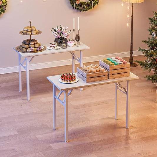 TEMI Small Computer Desk Folding Table - No Assembly, Compact 43.3" Foldable Desk with Power Outlets & USB Charging Port, Portable Small Office Desk, Ideal Mini Study Table for Narrow Spaces,White Ash