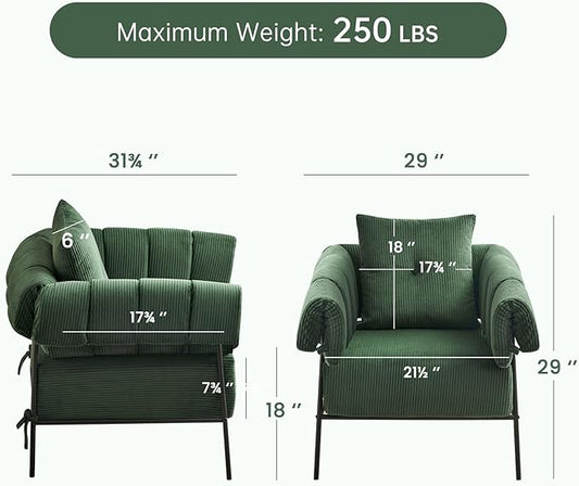 Furniliving Large Accent Chairs for Living Room Comfy Sofa Chairs with Pillow Lounge Chair Reading Chair with Metal Frame Upholstered Accent Chairs Room Side Chair, Soft Cushion, Corduroy, Green