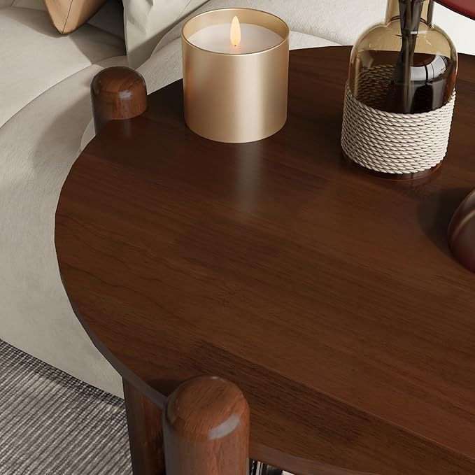 NSdirect Round End Table for Living Room, 2-Tier Rustic Wood Center Table for Home Decor with Boho Woven Rattan Storage Shelf | Modern Farmhouse Design, Easy Assembly, Red Brown