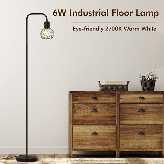 Industrial Floor Lamp, LED Standing Lamp Modern with 6W LED Bulb, Foot Switch, Metal Tall Lamps for Living Room, Bedroom, Office, Vintage Stand Up Light, Minimalist Farmhouse Floor Lamp in Black