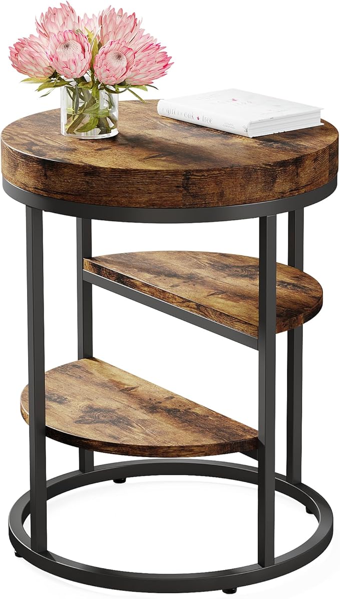 Tribesigns Round End Table Set of 2, 3-Tier Side Table with Storage, Rustic Industrial Nightstand for Small Spaces, Wood Metal Accent Table for Living Room, Bedroom, Sofa, Bedside, Rustic Brown