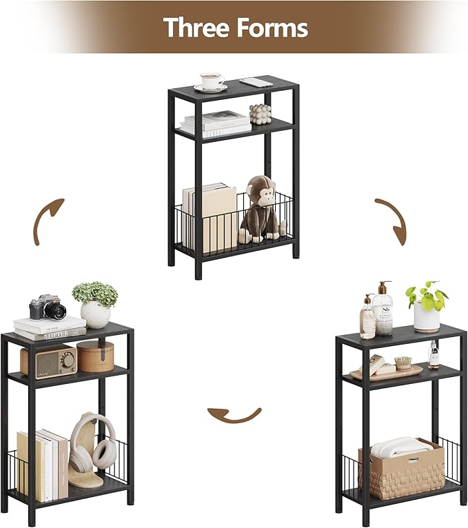 Narrow Side Table with Storage Basket, Small End Table for Small Spaces, Slim Sofa Table for Living Room, 3 Tier Bedside Table for Bedroom, Black