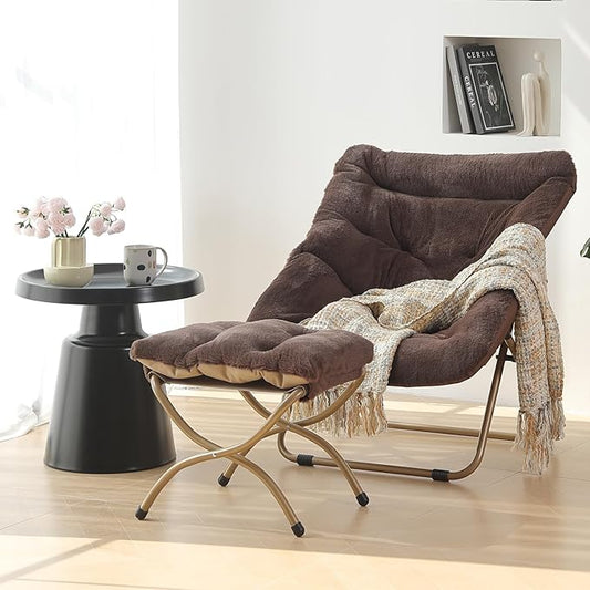 Saucer Chair with Ottoman, Oversized Folding Faux Fur Chair, Foldable Metal Frame Chair for Bedroom, Living Room, Balcony, Patio, Study, Playroom (Coffee)
