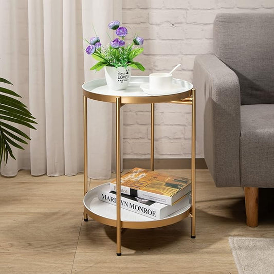 HollyHOME 2-Tier Round Gold Side Table, Outdoor Small Folding Accent Stand with Removable Tray, Anti-Rust Metal Asional Table for Balcony Patio Living Room, Nightstand for Bedroom(Gold&White)