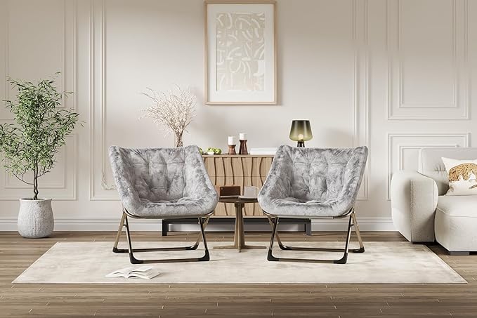 Folding Saucer Chair for Adults, Comfortable Living Room Lounge Chair with Soft Faux Fur Cushion, No Assembly Required, Foldable Accent Furniture for Apartments/Dorms/Bedrooms, Grey