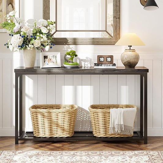 Console Table, Entryway Table, Sofa Table with Mesh Shelves, Console Tables for Living Room, Bedroom, Hallway, Entryway, Foyer (2 Tier, Oak Grey, 47 inch)