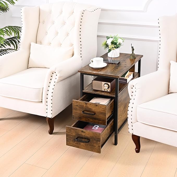 Livofloral Side Tables with Charging Station, Narrow End Table with 2 Wooden Drawers, USB Ports and Power Outlets, Narrow Nightstand and Bedside Table, Side Tables Living Room, Bedroom, Brown