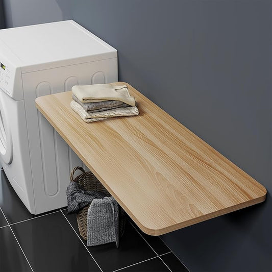 Wall Mounted Folding Table 47.2”L x 19.7”W, Laundry Folding Table with Heavy Duty Metal Collapsible Shelf Brackets, Wall Mounted Desk Fold Down for Small Spaces, Wood Color