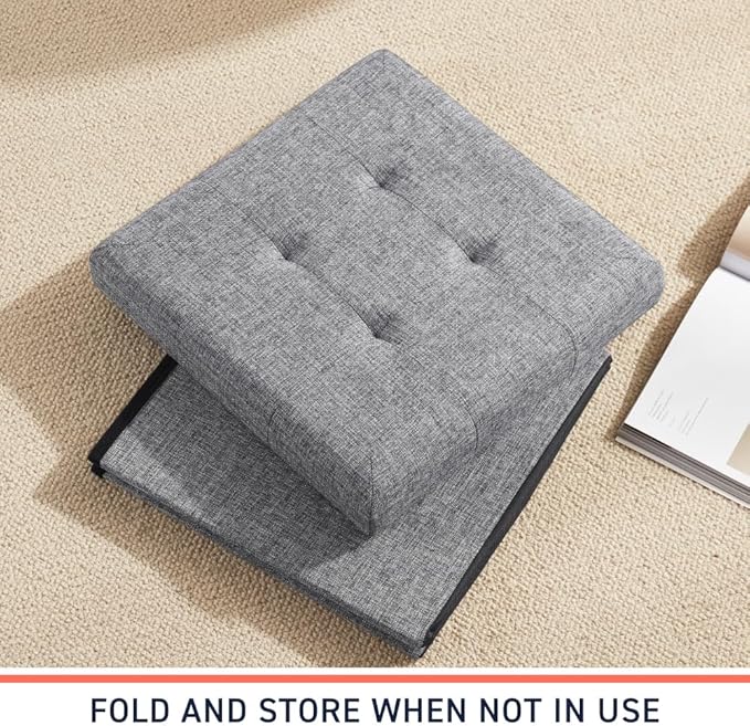 Ornavo Home Foldable Tufted Linen Storage Ottoman Square Cube Foot Rest Stool/Seat - 15" x 15" x 15" (Grey)