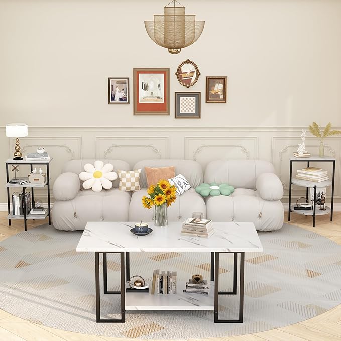 AWQM Faux Marble Table Set,Coffee Table & 2 Side Table, Faux Marble Tabletop and Metal Frame, 3 Piece Table Sets, for Living Room Apartment,White & Black