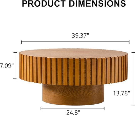 39.37 Inch Round Drum Coffee Table, Modern Handcraft Fluted Drum Coffee Table, Wooden Round Coffee Table Center Table with Sturdy Pedestal for Living Room Apartment (Wood Color)