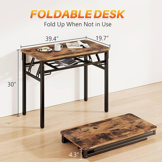 BYMECOST 39.4" Folding Desk, No Assembly Computer Desk, Small Foldable Table with Storage Shelf, Study Table for Small Space, Writing Desk Compact Desk for Home Office (Brown, 39.4")