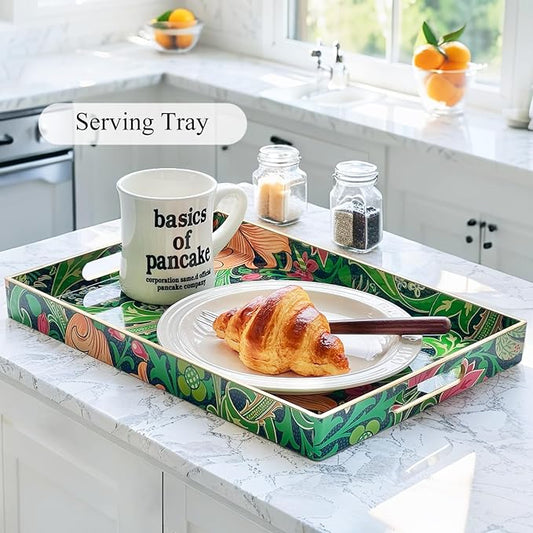 Zosenley Rectangular - Decorative Plastic Tray with Handles Modern Vanity Serving for Ottoman, Coffee Table, Kitchen and Bathroom 13.8 x 9.84 Inch (Morris Green)