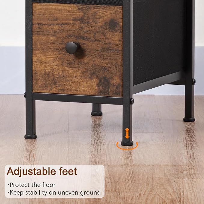 Narrow Nightstand with Charging Station, End Tables Living Room Set of 2, Skinny Side Table with Fabric Drawers, Slim Sofa Table for Bedroom, Small Spaces, Couch, Brown, HETNDP02BR