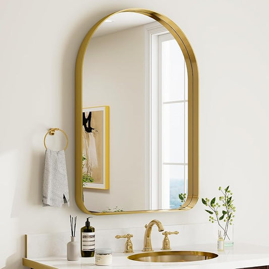 GLSLAND 20”x30“ Gold Arched Bathroom Mirror - Aluminum Alloy Framed Mirrors for Wall- Matted Wall Mirrors for Bedroom, Entryway Mirrors for Wall