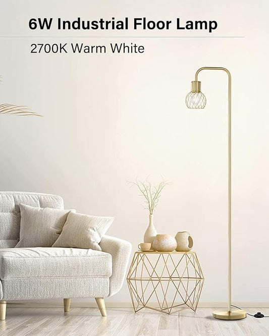 Brass Gold Standing Floor Lamp for Living Room - Modern Industrial Design with 6W LED Bulb, Foot Switch, Metal Tall Stand, Minimalist Farmhouse Boho Style for Bedroom & Office