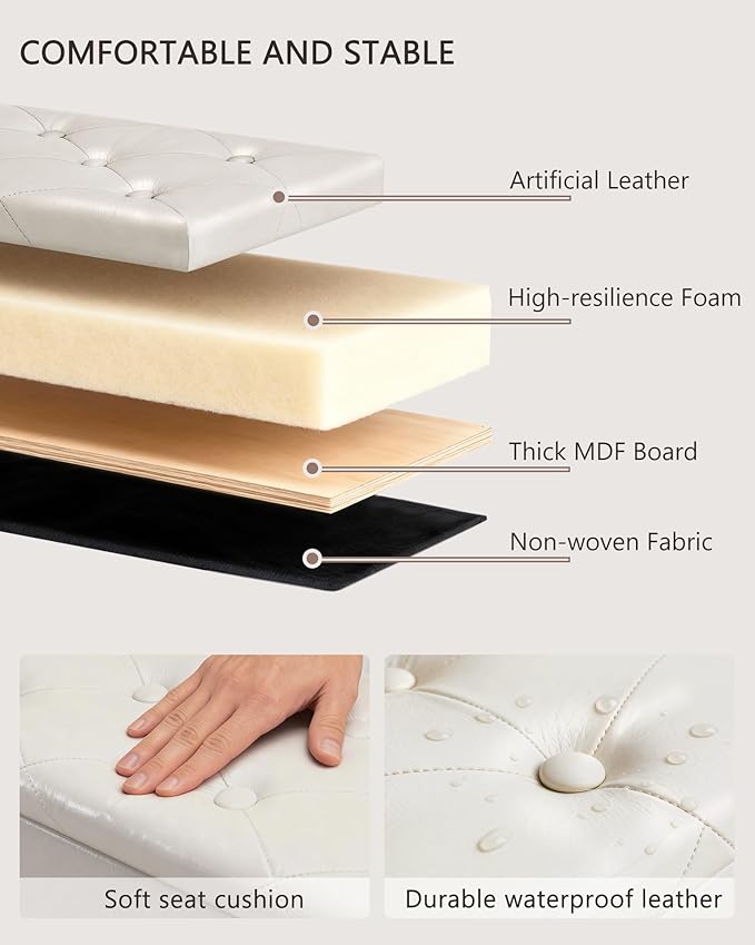GLAXYFUR Storage Ottoman Bench, 43 Inches Folding Ottoman with 2 Dividers, PU Leather Foot Rest, End of Bed Bench, Storage Chest for Living Room, Bedroom and Entryway (White)