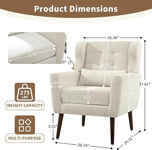 Modern Accent Chair, Upholstered Arm Chair with Waist Pillow, Single Sofa Chair for Living Room Bedroom Small Spaces (Beige)