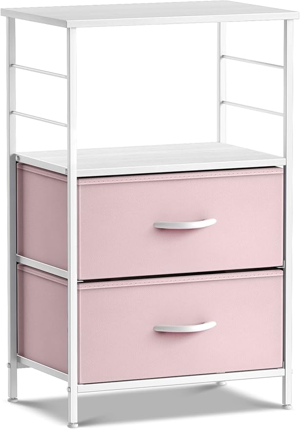 Sorbus 2 Drawer Shelf Storage Nightstand - Kids Bedside Furniture End Table Night Stand with Steel Frame Wood Top & Easy Pull Fabric Bins, Dresser & Chest for Home Bedroom Accessories Office & College