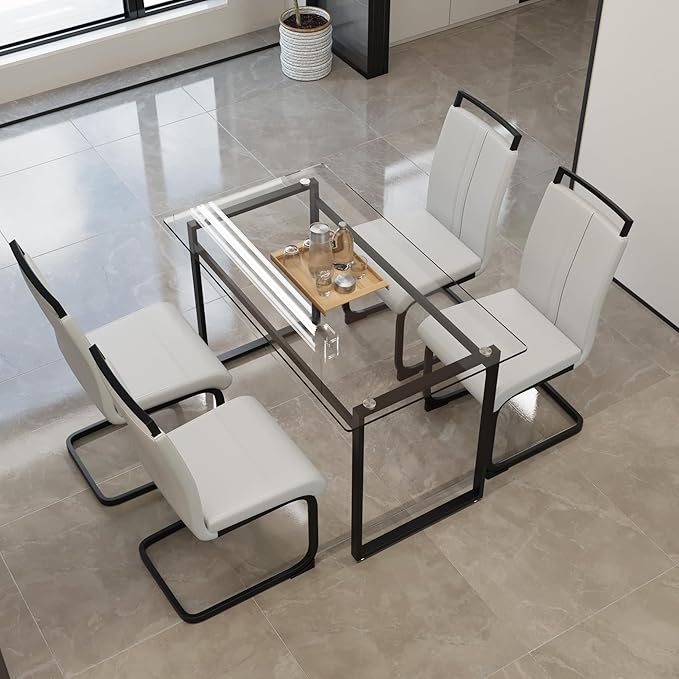 Glass Dining Table, 51'' Rectangle Dining Room Table,Modern Glass Kitchen Table with Tempered Glass Tabletop and Metal Leg,Dining Table for 4 Suitable Kitchen Dining Living Meeting Room(Black)