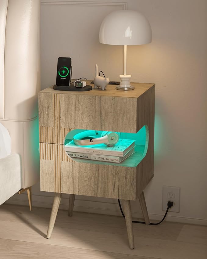 Nightstand with Charging Station and LED Lights,Modern Bedside Table with 2 Storage Drawer,Night Stand with Solid Wood Legs,White (Grey Osk)