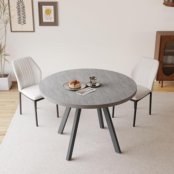 34.6'' Round Dining Table and Chairs for 2, Space Saving Modern Casual Coffee Table Set for Apartment Kitchen Dining Room (Grey Table+2 White Chairs)
