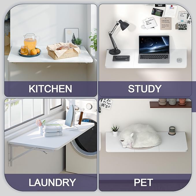 TEAMIX Wall Mounted Desk, White Folding Table for Small Spaces, Wall Floating Desk with Heavy Duty Brackets for Laundry Room,Kitchen,Office Storage