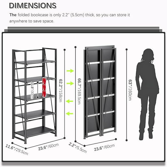 4NM No Assembly Folding Bookshelf, 5-Shelf 62.2" H Collapsible Foldable Bookcase Storage for Small Spaces, All Black
