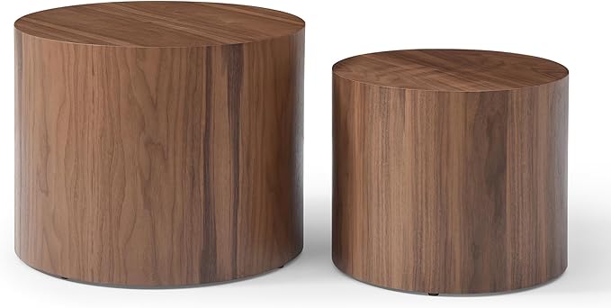 Nesting Coffee Table Set of 2, Modern Round Wooden Circle Accent Coffee Tables for Small Spaces Living Room Bedroom Balcony Office Drum Side Table