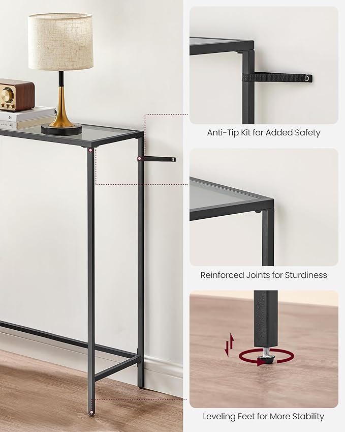 VASAGLE Entryway Table, Console Table, Tempered Glass Tabletop, Modern Sofa Table, Easy Assembly, with Adjustable Feet, for Living Room, Entryway, Ink Black and Slate Gray ULGT132B01
