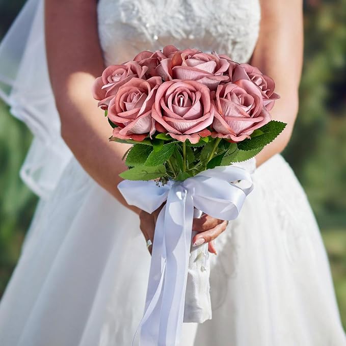 10 PCS Artificial Roses with Long Stems Silk Flowers Realistic Foam Flowers Fake Roses for Valentine's Day Home Wedding Halloween Decor(Dim Pink)