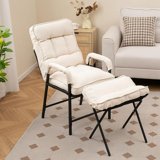 Giantex Modern Accent Chair with Ottoman, Upholstered Arm Chair with Adjustable Backrest & Solid Metal Frame, Linen Fabric Single Sofa Chair and Footrest Set for Bedroom, Living Room (Beige)