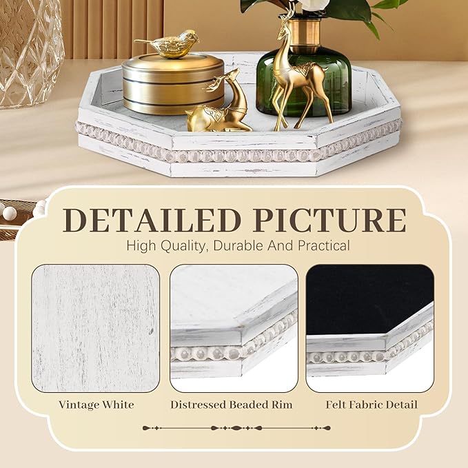 Wooden Decorative Tray, Small Serving Tray with Wood Bead, Farmhouse Big Tray for Ottoman, Countertop, Coffee Tabl, 13" x 13"x 1.6" (Retro White)