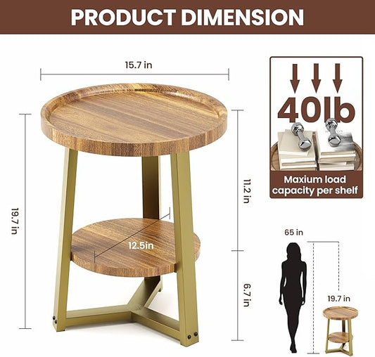 PPAMAPIC Round End Table, 2 Tier Side Table with Storage Shelf, Nightstand Accent Table for Living Room Bedroom Small Space, Golden Metal Frame, 15.7" D x 19.7" H, Rustic Brown