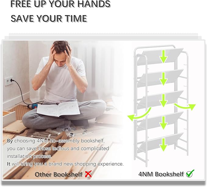 4NM No Assembly Folding Bookshelf, 5 Tiers Collapsible Book Shelves Open Industrial Foldable Storage Bookcase Shelf for Bedroom, Living Room, Home Office - All White
