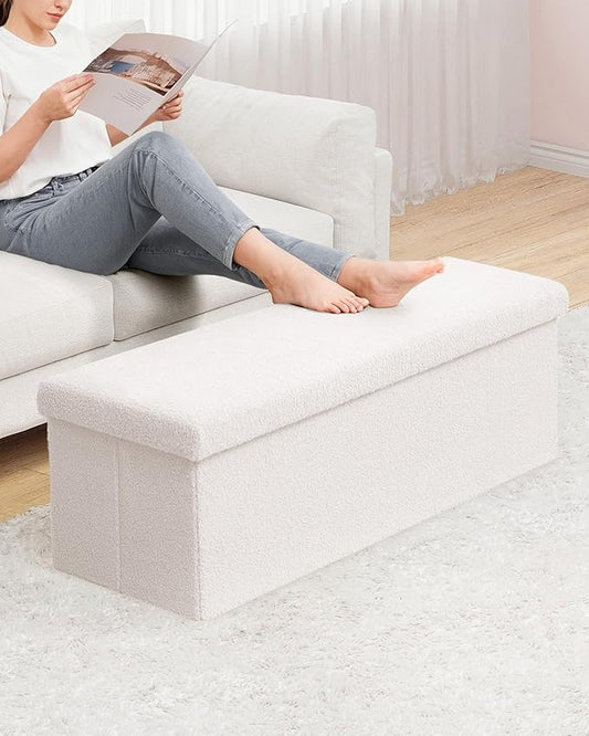B FSOBEIIALEO Small Storage Ottoman Cube Sherpa Ottomans Foot Rest, Foldable Boucle Ottoman Bench, Faux Teddy Fur, Cream White 43.3"x15"x15"