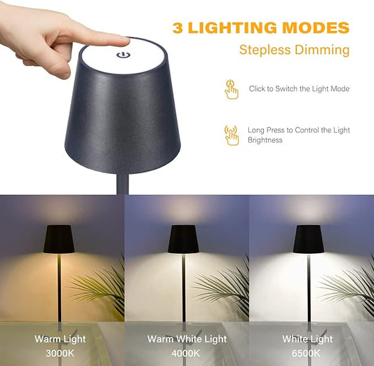 Cordless Table Lamps, 3 Colors Stepless Dimming, 5000mAh Rechargeable Battery LED Desk Lamp for Bedroom/Couple Dinner/Desk/Cafe/Dining Room/Terrace (Black)