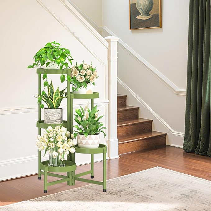 iDavosic.ly 5 Tier Folding Plant Stand Indoor Outdoor with Plastic Tray, Tiered Corner Flower Holder Shelf, Metal Orchid Display Rack for Patio Porch Living Room Garden Balcony, Green