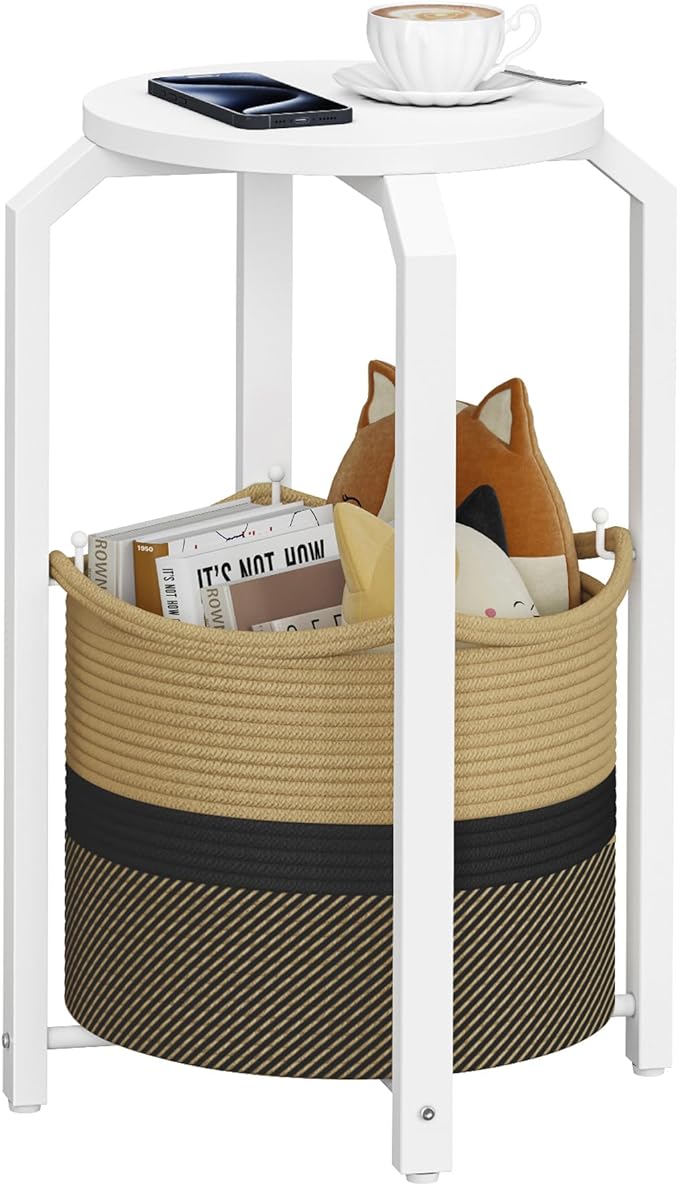 TUTOTAK Small Side Table, Round End Table, Night Stand, Bedside Table, Sofa Table with Storage Basket, Living Room, Bed Room, White and Black-Brown TB01BWK092