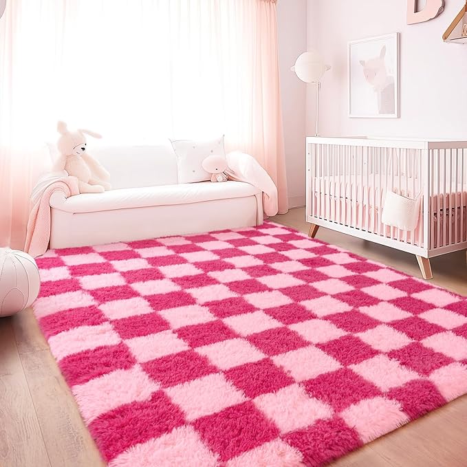 Checkered Rugs for Bedroom, 4x6 Ultra Fluffy Fuzzy Shag Area Rug for Living Room, Modern Plush Soft Upgrade Non-Slip Carpet for Girls and Kids Room Dorm Nursery Home Decor, Pink and Hot Pink