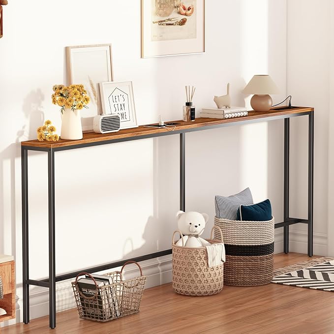 Narrow Sofa Table with 2 Power Outlets, 71” Thin Console Tables Narrow Long, Behind Couch Table Skinny, Wood Console Tables for Entryway, Living Room, Hallway, Foyer, Rustic Brown