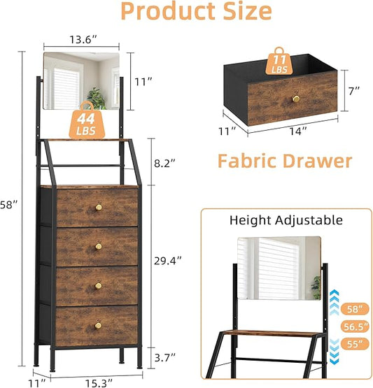Dresser with Mirror, 4 Drawers Dresser with 2-Tier Shelves, Freestanding Fabric Chest of Drawers for Small Space, Tall Narrow Nightstand Vanity for Bedroom, Hallway, Dorm, Rustic Brown, 15.3"W